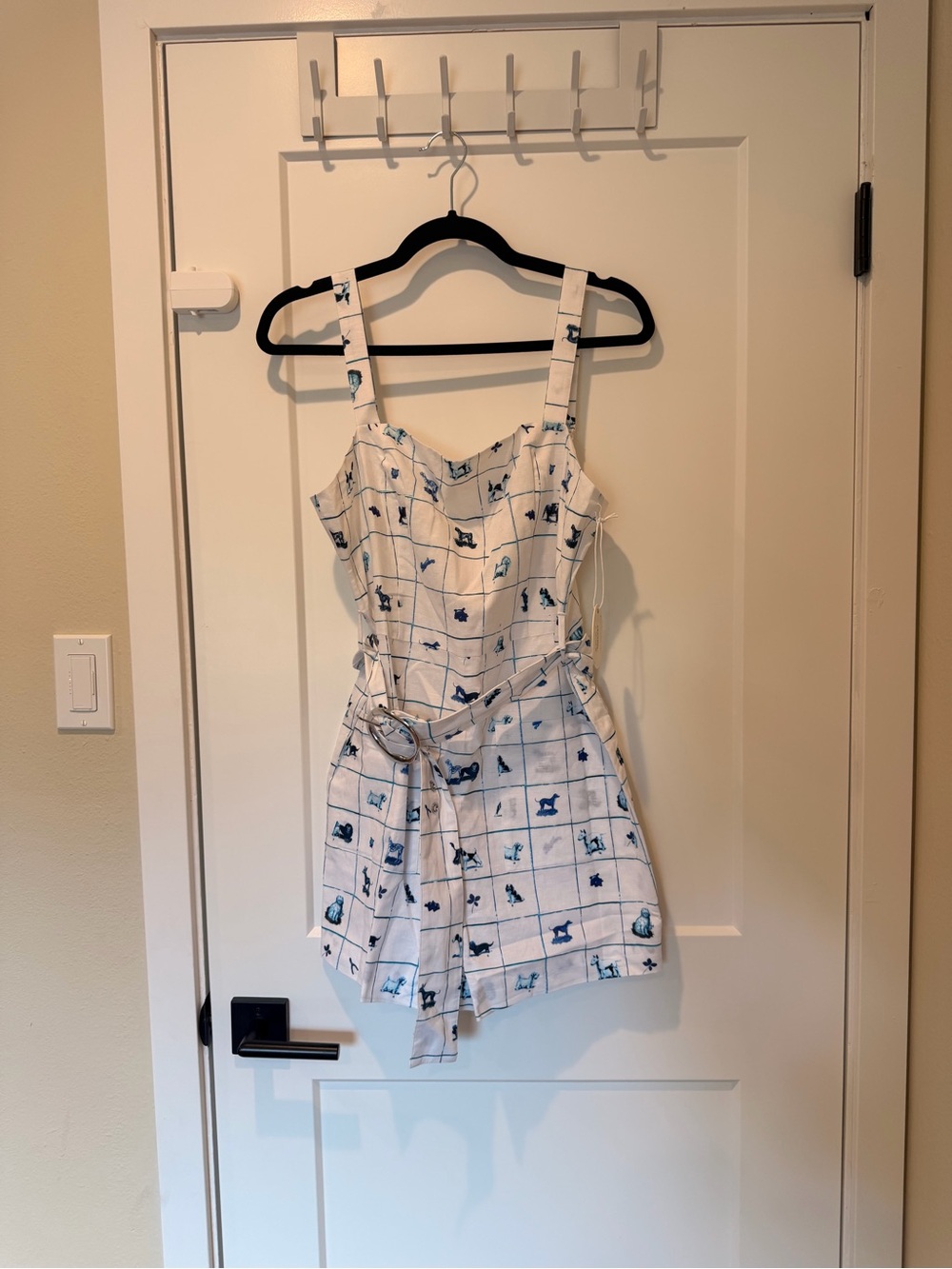 Staud Pomelo Good Luck Pup-print linen-blend playsuit